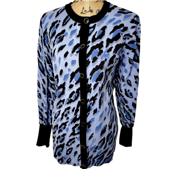 Bob Mackie Wearable Art Vintage Tiger Print Button Cardigan Size Medium Blue - Picture 1 of 15